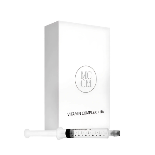 Vitamin complex + HA product with packaging on a white background