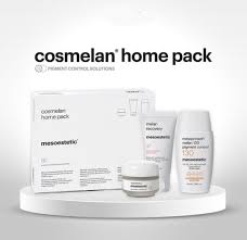 Cosmelan home pack with skincare products on a white background