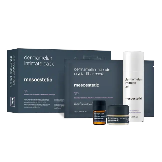 Mesoestetic dermamelan intimate pack with crystal fiber mask, gel, and other products on a white background