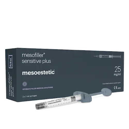 mesoestetic mesofiller sensitive plus packaging with syringe on a white background